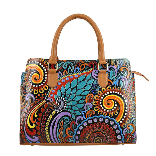 Handbemalte Satchel-Tasche aus 100% Echtleder mit kunstvoller Prägung und Mandala-Design, 31 x 10 x 23cm, Grün