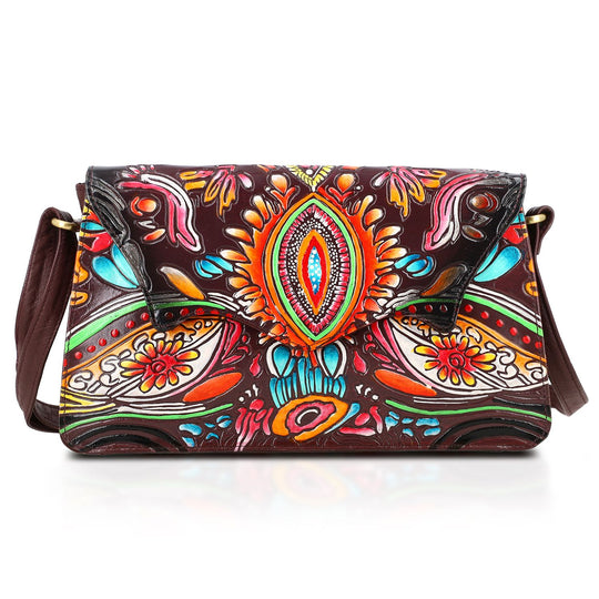 SUKRITI handbemalte Echtleder Tasche mit Prägung 32 x 6 x 19 cm, Braun