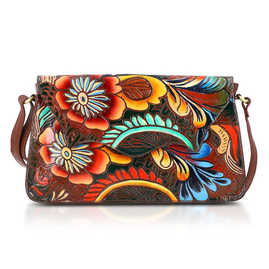 SUKRITI handbemalte Echtleder Tasche mit Prägung 32 x 6 x 19 cm, Braun