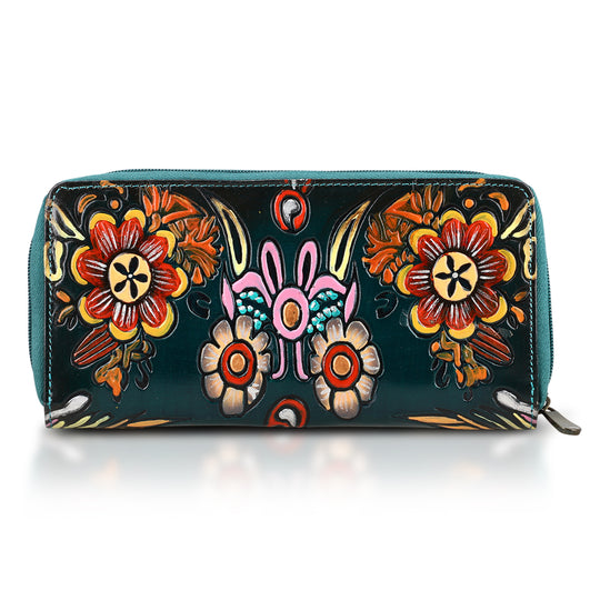Handbemalte Leder Geldbörse RFID, Tan, 22.8 x 2.5 x 12.7 cm