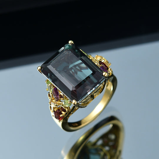 Farbwechsel-Alexandrit-Quarz-Triplette, Roter Granat Ring 925 Silber 750 Gelbgold Vermeil (Größe 17.00) ca. 13.65 ct