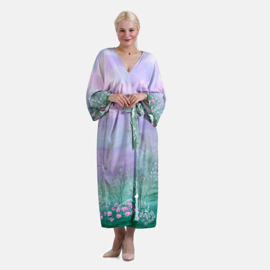 Kimono mit Vogel- und Blumenprint, fließende Passform, 78x128 cm, Blau