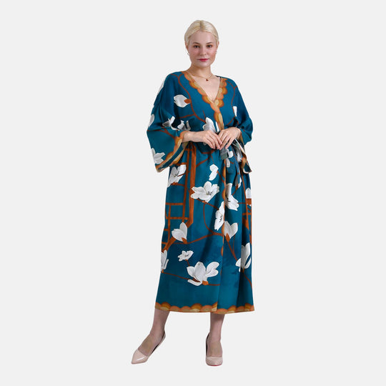 Kimono mit Vogel- und Blumenprint, fließende Passform, 78x128 cm, Blau