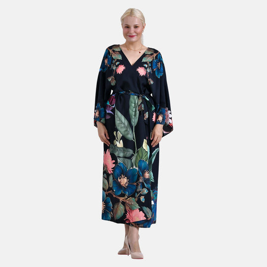 Kimono mit Vogel- und Blumenprint, fließende Passform, 78x128 cm, Blau
