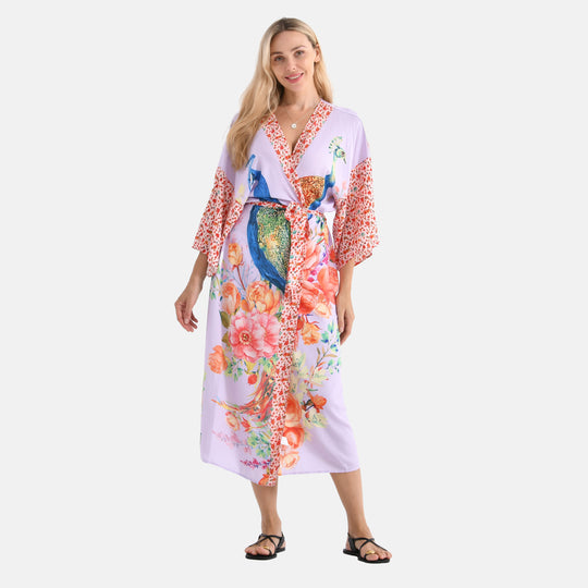 Kimono mit Vogel- und Blumenprint, fließende Passform, 78x128 cm, Blau