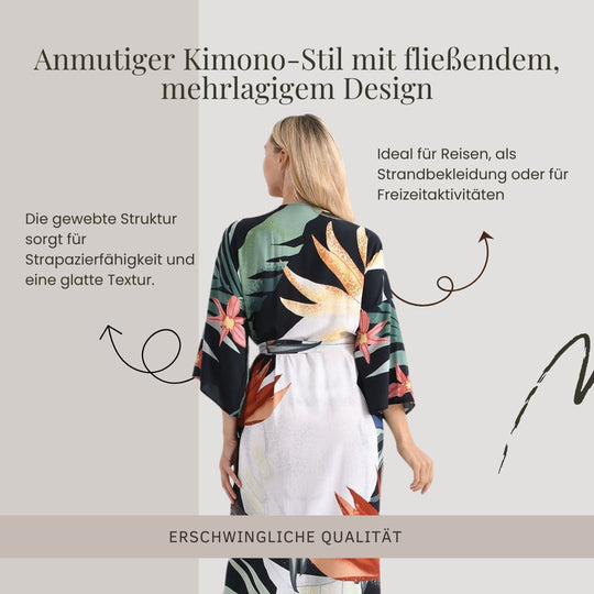 Kimono mit Vogel- und Blumenprint, fließende Passform, 78x128 cm, Blau