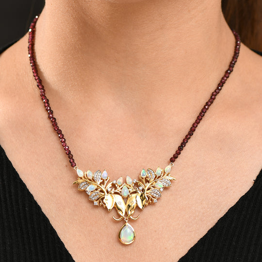 AA Natürlicher, äthiopischer Welo Opal Halskette ca. 45 cm 925 Silber 750 Gelbgold Vermeil ca. 32,41 ct.