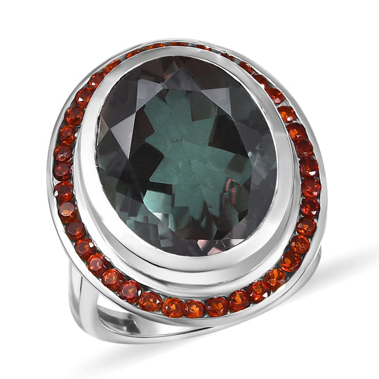 Farbwechsel-Alexandrit-Quarz-Triplette, Roter Granat Ring 925 Silber rhodiniert (Größe 19.00) ca. 18.47 ct