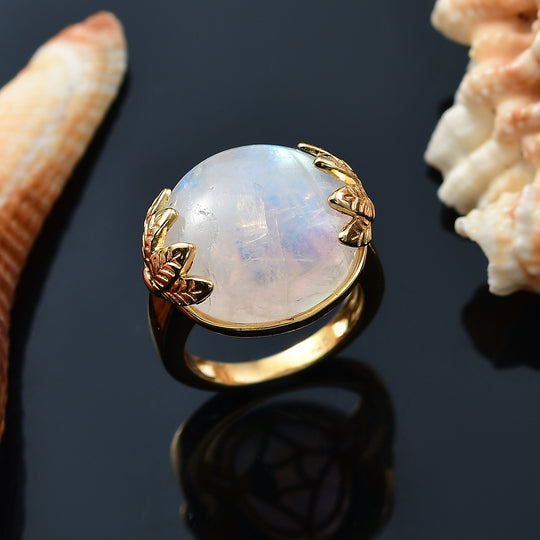 Regenbogen Mondstein Ring 925 Silber 750 Gelbgold Vermeil (Größe 18.00) ca. 20,27 ct