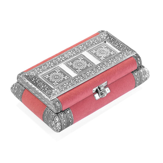 Handgefertigte Schmuckschatulle mit floralem Präge-Design, oxidiertes Finish, 20 x 13 x 7 cm, Silber-Rosa