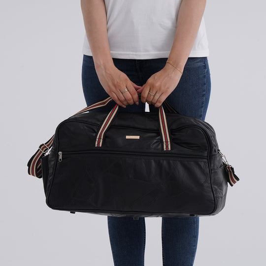 Patchwork-Reisetasche aus weichem Schafleder, mit Tragegriffen und abnehmbarem Schulterriemen, 46x25x27 cm, Schwarz