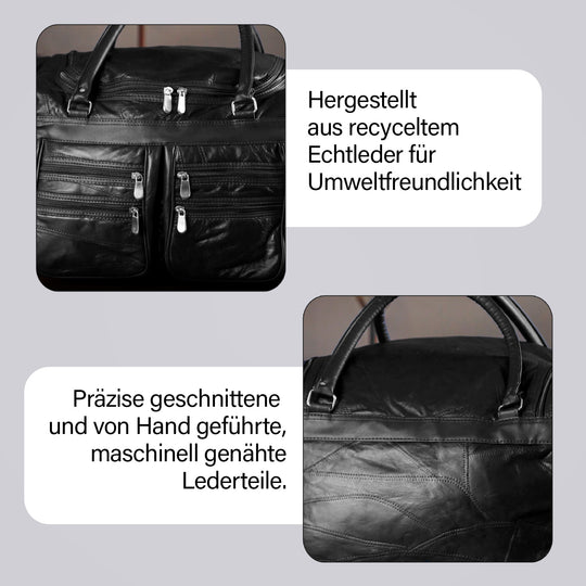 CLOSE OUT - Patchwork-Reisetasche aus Schafleder mit 6 Außentaschen und Schulterriemen, 51x29x28 cm, Blau