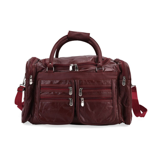 CLOSE OUT - Patchwork-Reisetasche aus Schafleder mit 6 Außentaschen und Schulterriemen, 51x29x28 cm, Blau