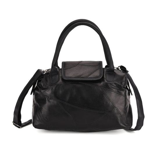 Patchwork-Reisetasche aus weichem Schafleder, mit Tragegriffen und abnehmbarem Schulterriemen, 29x1 5x21cm, Schwarz
