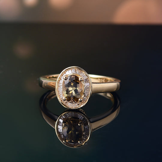 AA Natürlicher goldener Tansanit, Weißer Diamant Ring 925 Silber 750 Gelbgold Vermeil (Größe 21.00) ca. 0,84 ct