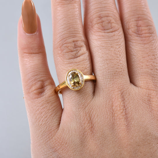 AA Natürlicher goldener Tansanit, Weißer Diamant Ring 925 Silber 750 Gelbgold Vermeil (Größe 21.00) ca. 0,84 ct