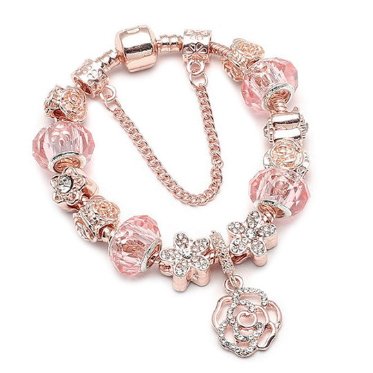 Designer-inspiriertes Charm-Armband - Mehrfarbige Glas mit Rosa Kristall, Messing rhodiniert, 19 cm, Silber-/Rosafarben
