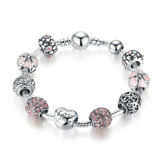 Designer-inspiriertes Charm-Armband - Mehrfarbige Glas mit Rosa Kristall, Messing rhodiniert, 19 cm, Silber-/Rosafarben