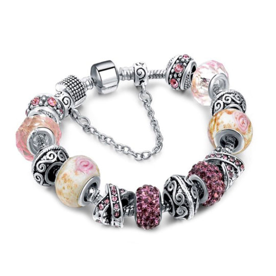 Designer-inspiriertes Charm-Armband - Mehrfarbige Glas mit Rosa Kristall, Messing rhodiniert, 19 cm, Silber-/Rosafarben