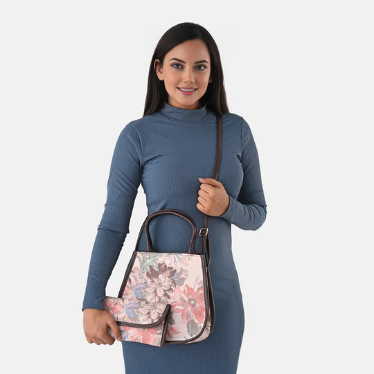 2er Set - Handtasche und Geldbörse, Baumwolle, Grau Floral