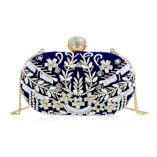 Clutch Baumwolle, handbestickt, 20 x 12.5 cm, Navy