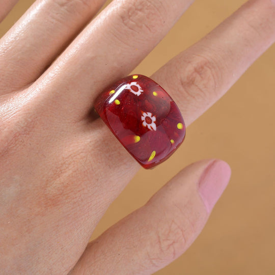 Rote Murano-Stil Glas Ring 316L Edelstahl (Größe 21.00)