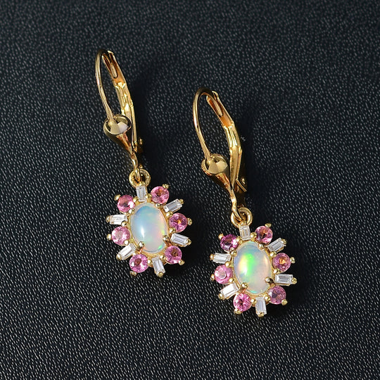 AA Natürlicher, äthiopischer Welo Opal, Rosa Turmalin Ohrringe 925 Silber 750 Gelbgold Vermeil ca. 1.61 ct
