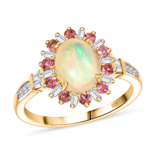 AA Natürlicher, äthiopischer Welo Opal, Rosa Turmalin Ring 925 Silber 750 Gelbgold Vermeil (Größe 21.00) ca. 1,95 ct