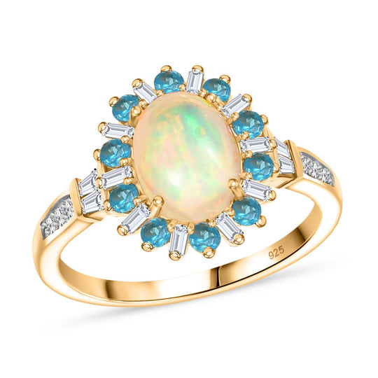 AA Natürlicher, äthiopischer Welo Opal, Neon Apatit Ring 925 Silber 750 Gelbgold Vermeil (Größe 20.00) ca. 1,97 ct