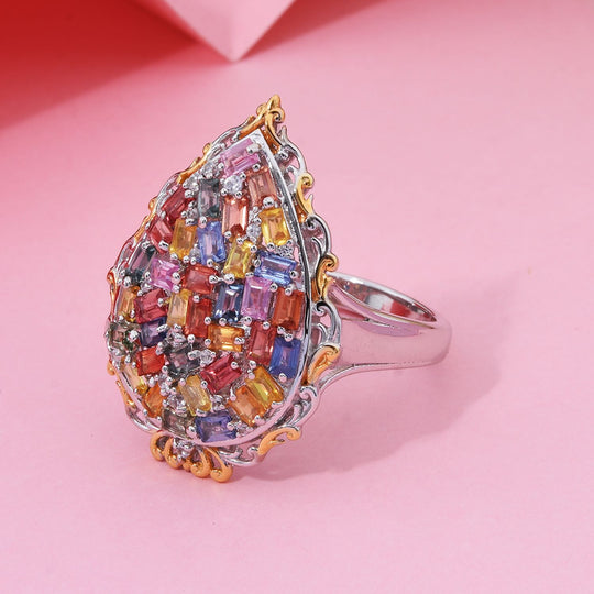 Mehrfarbiger Saphir, Weißer Zirkon Ring 925 Silber Gelbgold Vermeil (Größe 18.00) ca. 3.67 ct
