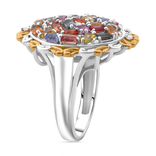 Mehrfarbiger Saphir, Weißer Zirkon Ring 925 Silber Gelbgold Vermeil (Größe 17.00) ca. 3.64 ct