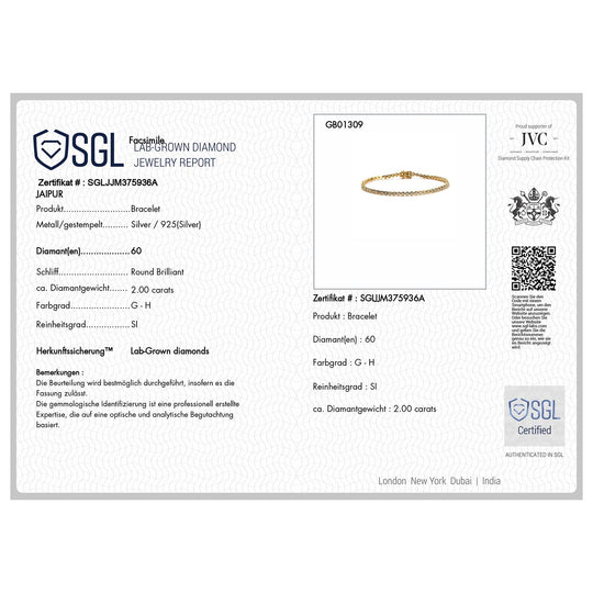 LUXURIANT DIAMOND - Lab Grown Diamant SI-GH SGL zertifiziert Armband ca. 19 cm 925 Silber 750 Gelbgold Vermeil ca. 2.00 ct