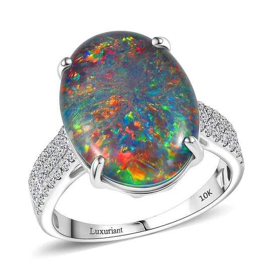 AA Australischer Boulder Opal, Lab Grown Diamant Ring, AGI zertifiziert und geprüft, 417 Weiß Gold (Größe 17.00) ca. 6.67 ct