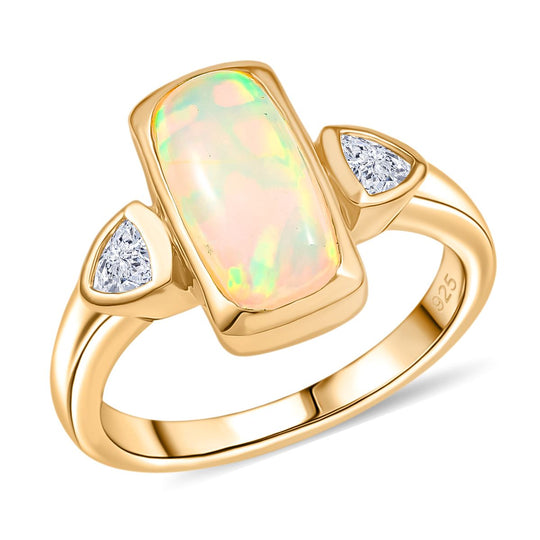 AA Natürlicher, äthiopischer Welo Opal, Moissanit Ring 925 Silber 750 Gelbgold Vermeil (Größe 21.00) ca. 1,76 ct