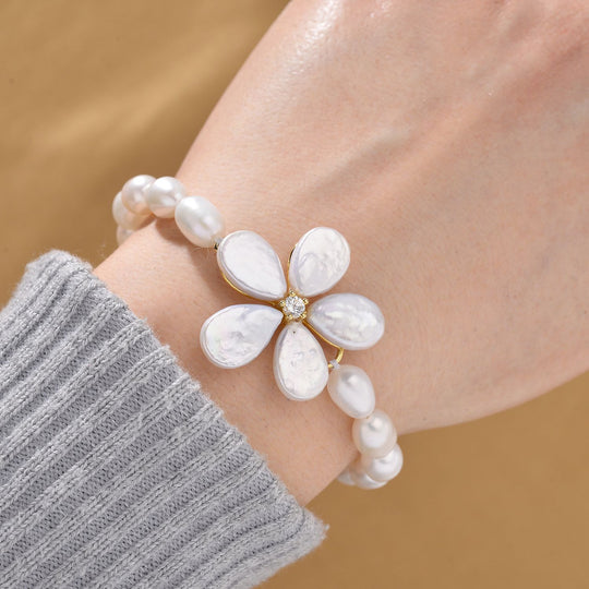 Keshi Perle (12x9 mm), weißes Süßwasser Perle (7-8mm) und Zirkonia Armband, 18+5cm, 925 Silber vergoldet