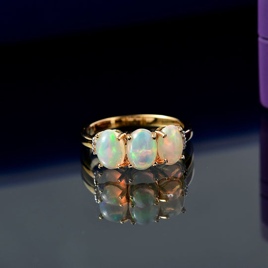 AA Natürlicher, äthiopischer Welo Opal, Weißer Diamant Ring 925 Silber 750 Gelbgold Vermeil (Größe 21.00) ca. 1,63 ct