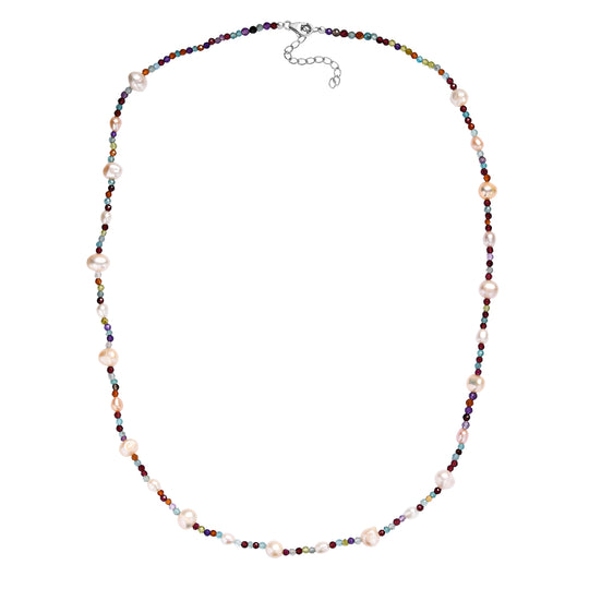 Mehrfarbige Süßwasser Perle und Multi Edelstein Halskette, 60+5cm, 925 Silber rhodiniert
