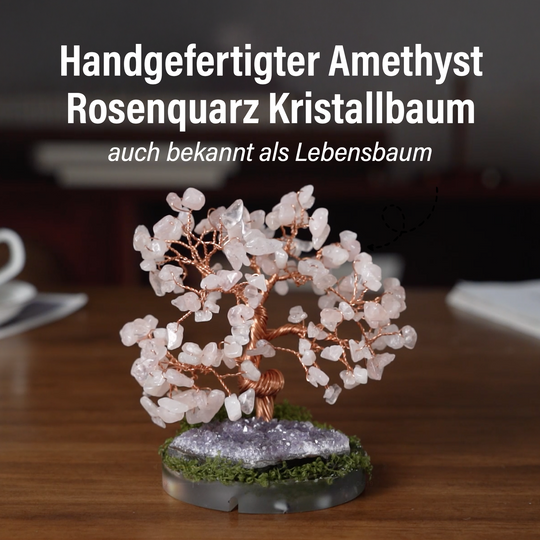 Handgefertigter Lebensbaum aus Rosenquarz Heilsteinen, Glücksbaum mit Naturkristallen und Kupferdraht, ca. 12 x 12 cm