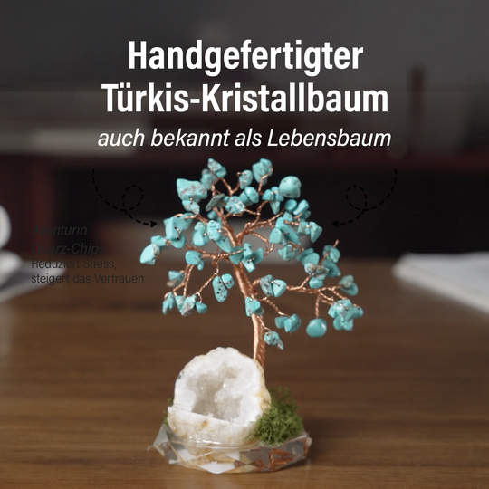 Handgefertigter Lebensbaum aus Rosenquarz Heilsteinen, Glücksbaum mit Naturkristallen und Kupferdraht, ca. 12 x 12 cm