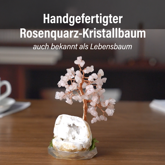 Handgefertigter Lebensbaum aus Rosenquarz Heilsteinen, Glücksbaum mit Naturkristallen und Kupferdraht, ca. 12 x 12 cm