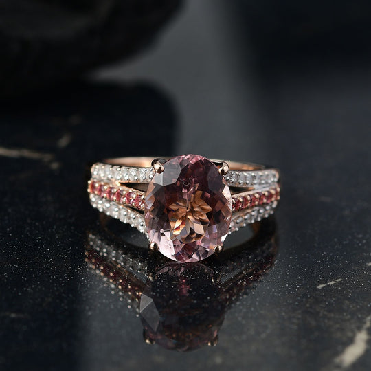AAA Rosa Morganit, Padparadscha Saphir, Weißer Diamant Ring 375 Gold (Größe 20.00) ca. 3.96 ct