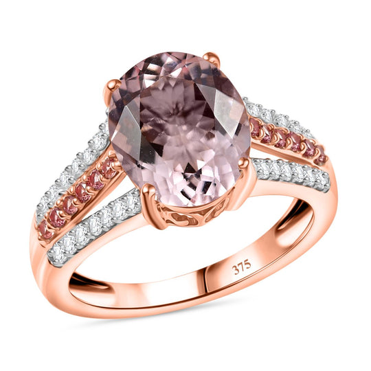 AAA Rosa Morganit, Padparadscha Saphir, Weißer Diamant Ring 375 Gold (Größe 20.00) ca. 3.96 ct
