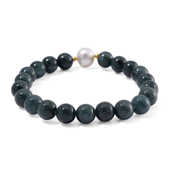 Flexibles weißes Edison Perle und natürliches Olmek Jadeit Armband, 925 Silber vergoldet