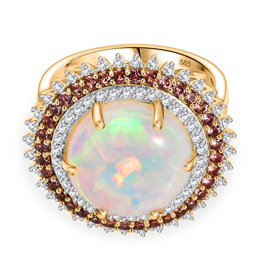 Solar Bloom-AAAA Natürlicher, äthiopischer Welo Opal, Padparadscha Saphir Ring 585 Gold (Größe 19.00) ca. 6.07 ct