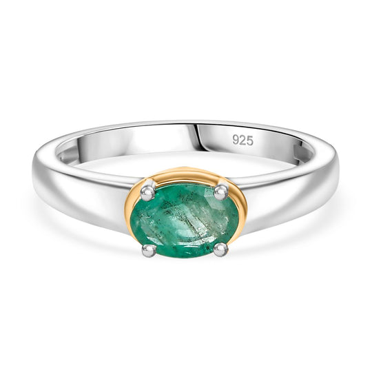 Gemfields Kagem Sambischer Smaragd Ring 925 Silber Rhodiniert und 750 Gelbgold Vermeil (Größe 20.00) ca. 0.75 ct