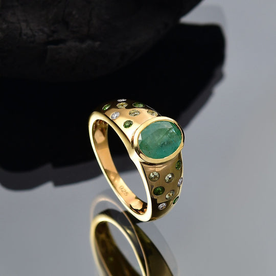 Kagem Sambischer Smaragd, Natürlicher Chromdiopsid Ring 925 Silber 750 Gelbgold Vermeil (Größe 19.00) ca. 1,52 ct