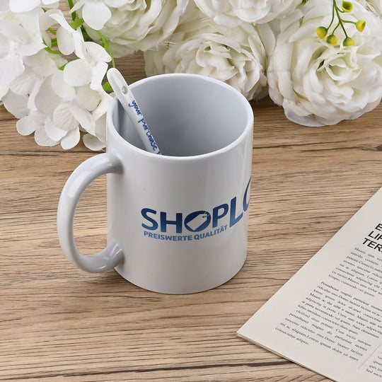Keramik-Tassen-Set mit Löffel und ShopLC-Logo, 8x9,5 cm (Tasse), 12 cm (Löffel), Weiß