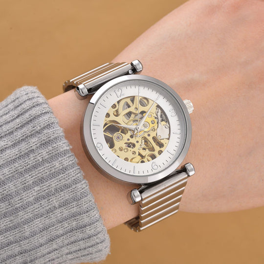 GENOA TIME V2 Automatik-Mechanische Uhr, Edelstahlarmband, Weißes Zifferblatt mit Sonnenschein-Design, 3ATM Wasserdicht, 8.5 cm, Silber