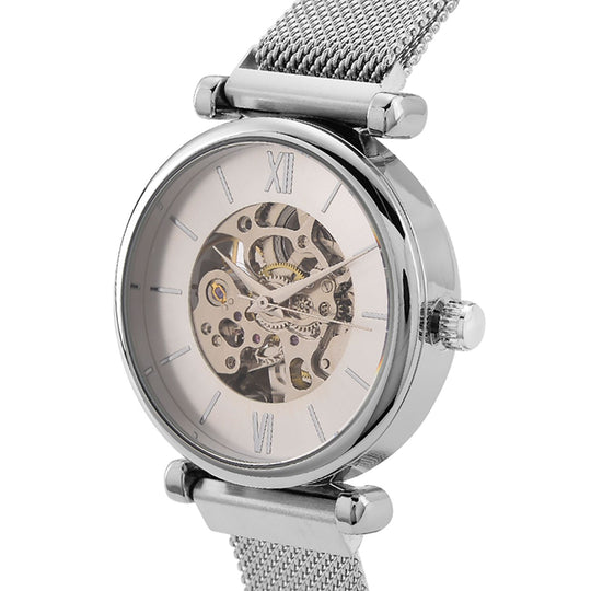 GENOA TIME V2 Automatik-Mechanische Uhr, 37mm, IPG-Beschichtung, Weißes Sonnenschliff-Zifferblatt, Edelstahl-Mesh-Armband mit Magnetverschluss, Edelstahl-Gehäuseboden mit Glas, Wasserdicht, Goldfarben