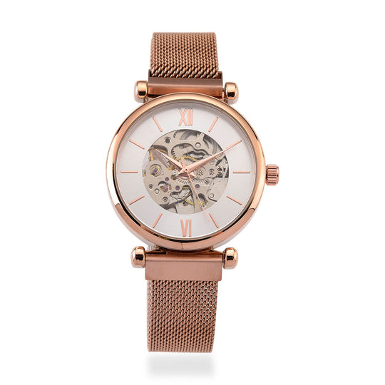 GENOA TIME V2 Automatik-Mechanische Uhr, 37mm, IPG-Beschichtung, Weißes Sonnenschliff-Zifferblatt, Edelstahl-Mesh-Armband mit Magnetverschluss, Edelstahl-Gehäuseboden mit Glas, Wasserdicht, Goldfarben